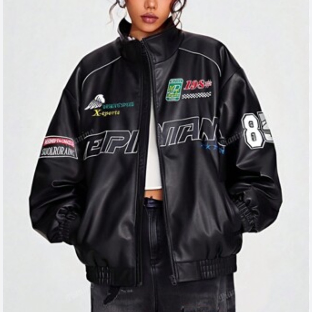 SHEIN Black Graphic Leather Jacket